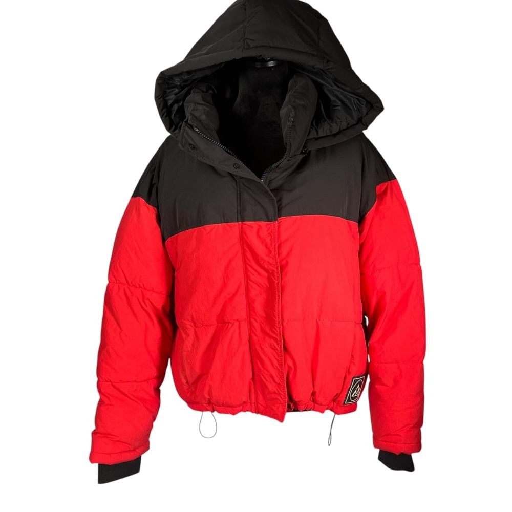 Zara Red Black Puffer Jacket Ski Cropped Womens XXL Hooded Snow Parka Colorblock